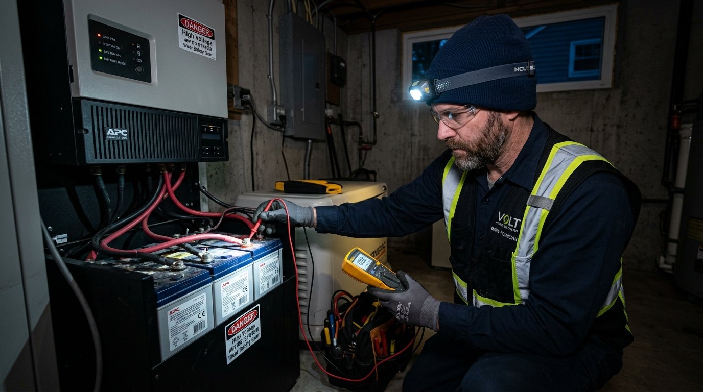 Technician Testing Inverter Battery with Multimeter